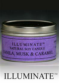 Illuminate - Soy-based Candle in Tin w Vanilla, Musk & Caramel fragrance