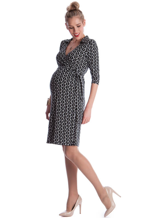 Black Geo Print Maternity/Nursing Wrap Dress by Seraphine