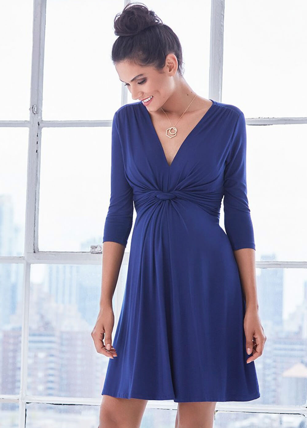 Navy 3/4 Sleeve Knot Front Maternity Dress by Seraphine