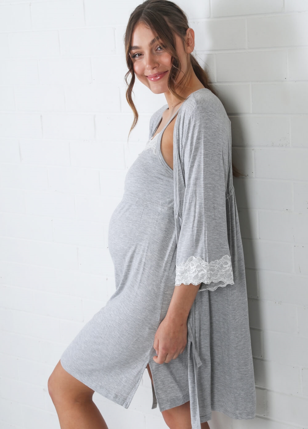 Lait & Co - Nadaleine Maternity Nightie & Robe Set in Grey