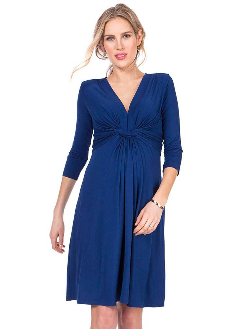 Navy 3/4 Sleeve Knot Front Maternity Dress by Seraphine